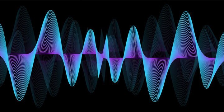 Abstract dynamic sound wave lines flowing colorful blue purple light isolated on black background. Vector illustration
