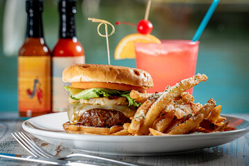 Cheeseburger with grilled pineapple and fries.