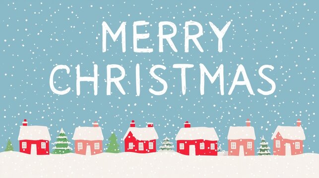 Merry Christmas lettering with snowfall, red pink houses, snow-covered roofs and small Christmas trees on light blue background, suitable as wallpaper, poster, banner for festive holiday greetings - Powered by Adobe