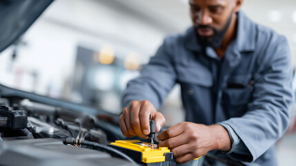 Car battery replacement process, repair shop setting, automotive technician working, power cell installation, engine bay environment, professional service moment, faceless mechanic