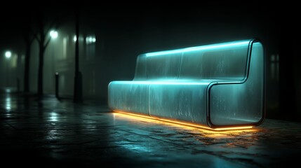 Futuristic glowing bench in an empty urban street under night lights