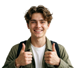 Portrait of a smiling young student, with slightly wavy brown hair. Transparent background, alpha channel.