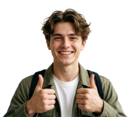 Portrait of a smiling young student, with slightly wavy brown hair. Transparent background, alpha channel.