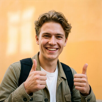 Portrait of a smiling young student, with slightly wavy brown hair. Transparent background, alpha channel.