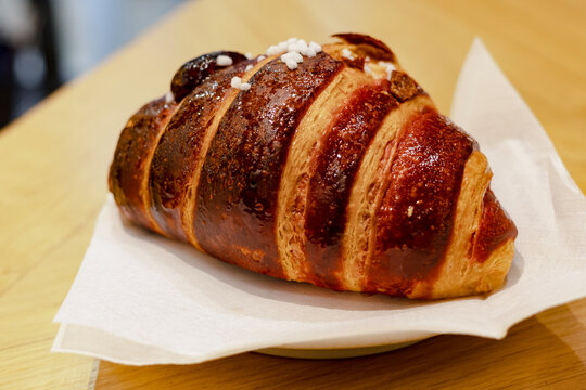 Italian pastry cornetto served in a cafeteria in Napels, Italy
