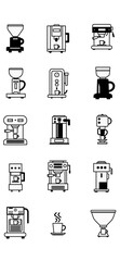 A minimalist collection of black and white vector icons and silhouettes depicting various types of coffee preparation equipment.