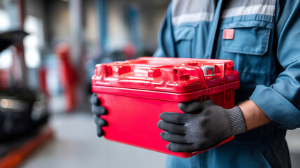 Fluid disposal container, automotive service equipment, mechanic handling waste, professional environmental care, garage workshop activity, proper disposal procedure, faceless work