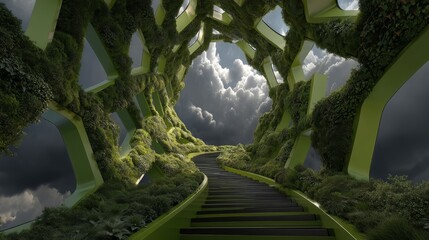 Green pathway leads through modern architecture with cloud covered sky