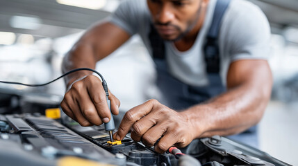 Battery installation closeup, mechanic hands detail, automotive component replacement, professional service precision, workshop environment visible, electrical system maintenance,