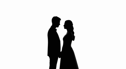Elegant silhouette of a bride and groom holding hands on a white background.