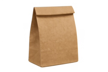 Brown paper bag packaging for takeaway food, groceries, or lunch, with a folded top, isolated on transparent background