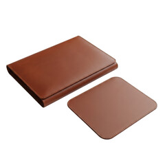 A stack of four brown leather coasters and one single brown leather coaster isolated on transparent background