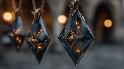 Beautiful crystal pendants display in a market at dusk with warm lights in the background