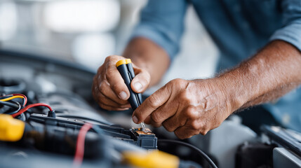 Battery installation closeup, mechanic hands detail, automotive component replacement, professional service precision, workshop environment visible, electrical system maintenance,