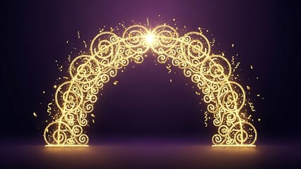 Golden Sparkling Archway with Confetti on Dark Purple Background Celebration and Festive Design Element Perfect for Holiday Greetings and Event Invitations