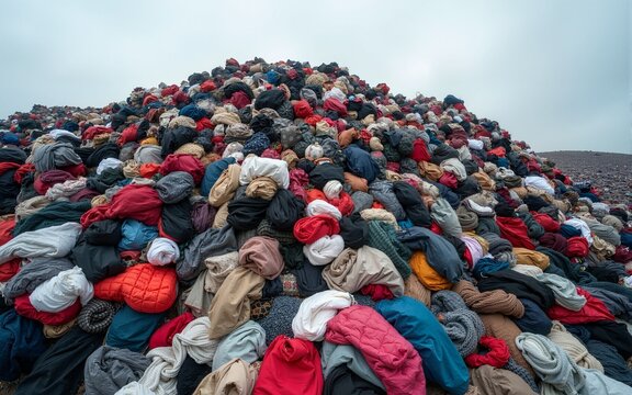 Huge piles of unnecessary clothes in the landfill. The problem of overproduction, irrational consumption and environmental pollution. High quality