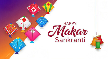 Website header or banner design decorated with colorful kites and string spools hang on floral abstract background for Happy Makar Sankranti celebration. See Less