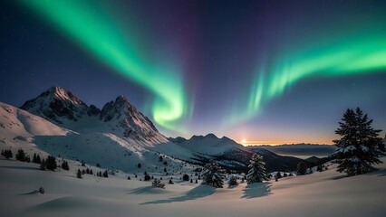 Majestic Aurora Borealis Display Over Snow Covered Mountains Landscape with Pine Trees and Dramatic Sky during Winter Season