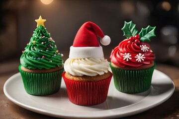 Christmas-Themed Cupcakes Trio with Festive Frosting and Holiday Decorations