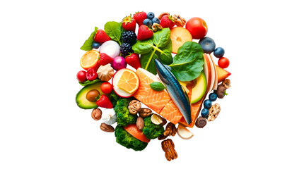 abundant healthy ingredients for balanced diet isolated on white