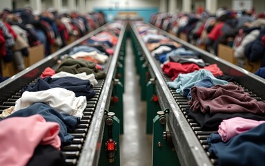 Obraz premium Two conveyor belts carry sorted clothing through a textile recycling facility, with piles of unsorted clothing visible in the background. High quality
