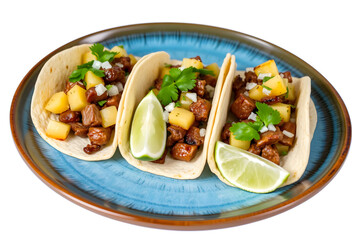 gourmet street style beef tacos with pineapple salsa isolated on white
