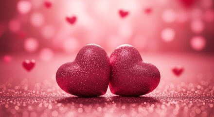 Obraz premium Sparkling red hearts on shimmering pink background, valentine