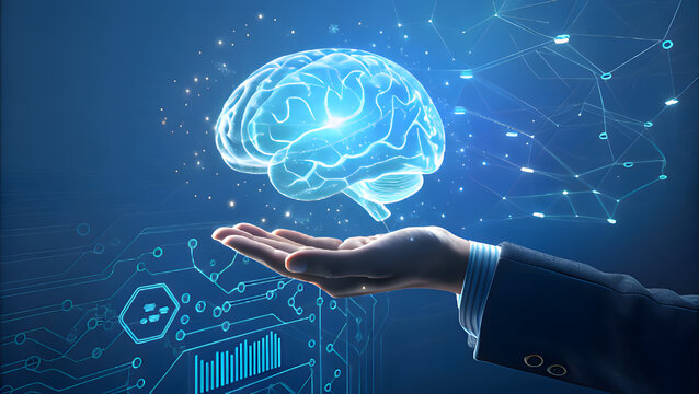 A glowing brain hovers above an open hand, symbolizing artificial intelligence, machine learning, and the future of technology, set against a backdrop of digital networks and data streams - Powered by Adobe