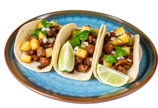 gourmet street style beef tacos with pineapple salsa isolated on white