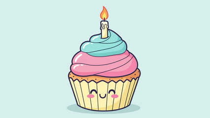Cute cupcake with pink and blue frosting and a lit candle.