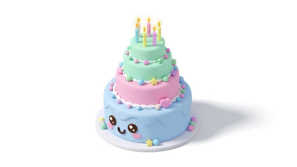 A whimsical three-tiered birthday cake with pastel colors and cute facial features.