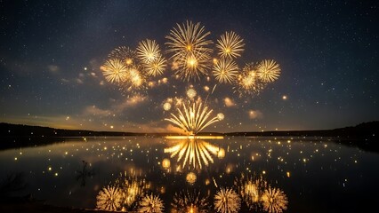 Spectacular fireworks display over a tranquil lake mirroring the vibrant explosions under a starry night sky celebration
