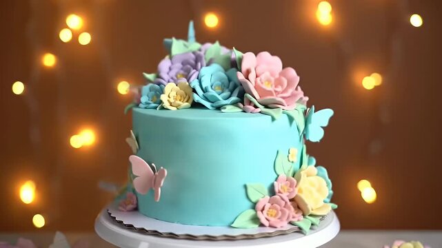 Elegant pastel blue cake adorned with a bouquet of sugar flowers against warm bokeh lights