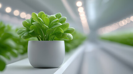 Green plant in white pot under greenhouse lights sustainable indoor farming and hydroponic agriculture concept