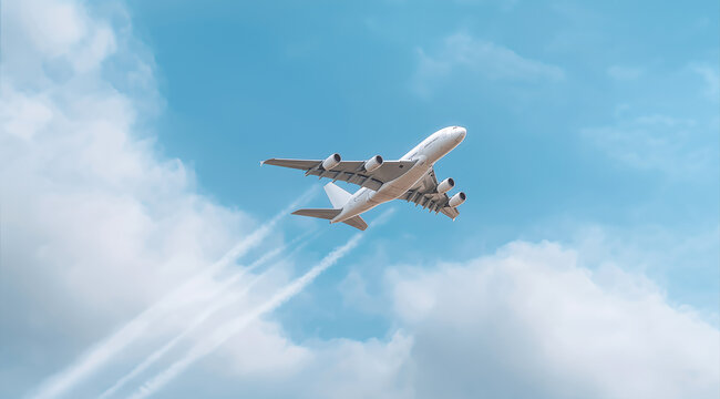 Passenger airplane with contrails in blue sky fast travel and modern aviation technology concept