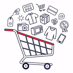 Shopping cart with products in doodle style