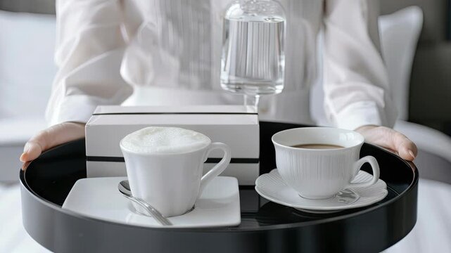 Enjoy a delightful start to the day with coffee and sparkling water presented on a chic tray in a cozy indoor setting