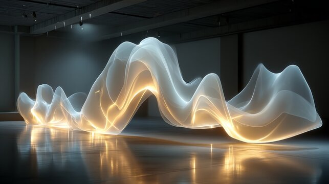 Ethereal light sculpture creates flowing waves in an indoor art installation