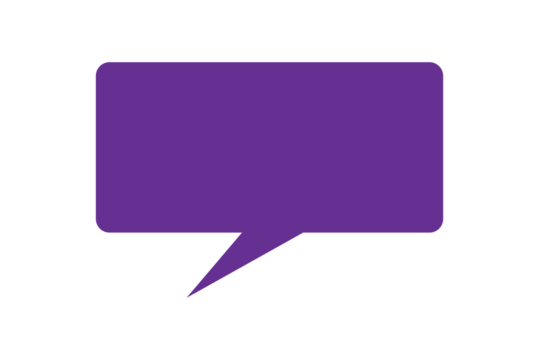 Purple rectangular speech bubble for chat messages, comments, communication graphics, and social media design elements
