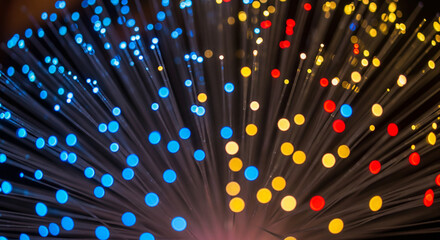 Fiber Optic Cables Illuminated with Blue, Yellow, and Red Lights