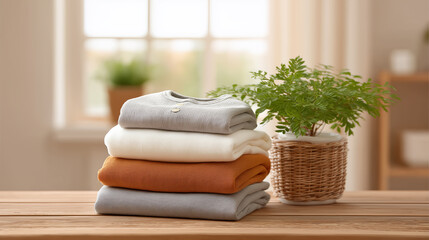 Stack of folded sweaters on wooden table cozy home wardrobe organization and sustainable slow fashion