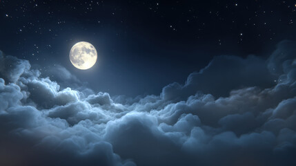 Moon illuminating fluffy clouds in a dark night sky