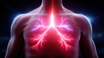 Ai diagnostics in cardiology digital interface glowing lungs on human chest showing respiratory system