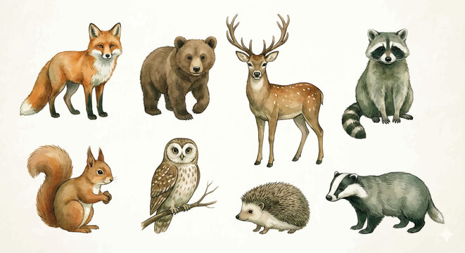 Cute watercolor forest animals wildlife illustration set fox bear deer raccoon squirrel owl badger h