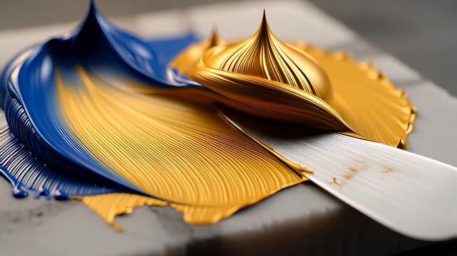 Macro view of a silver palette knife spreading glossy blue and metallic gold oil paint on a white marble slab in a satisfying 3D animation, creating a luxurious artistic background.