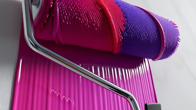 A textured paint roller applying thick pink and purple coating onto a white wall in a satisfying 3D animation, visualizing creative interior design and renovation concepts