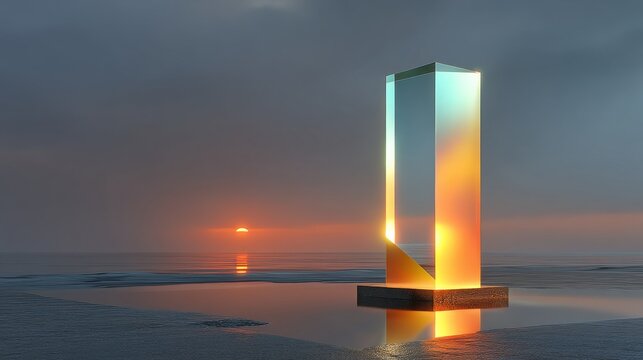 Sunset reflection on a glowing monolith by the ocean at twilight