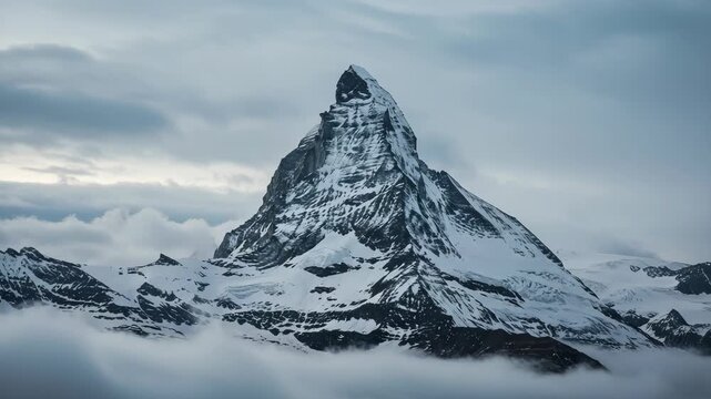 Scenic Snowy Mountain Peak Surrounded by Clouds Under a Cloudy Sky Alpine Landscape with Jagged Rocks and White Snow Patches