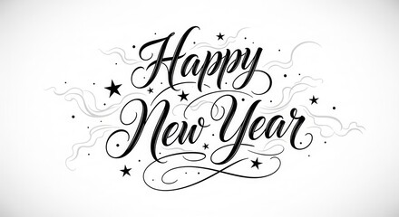 Elegant black calligraphy text saying happy new year isolated on white background with star accent
