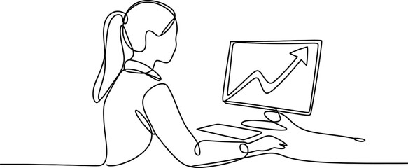 Continuous line drawing of a businesswoman at a computer, analyzing a growth graph on screen, symbolizing progress, data, and future success. Vector, illustration